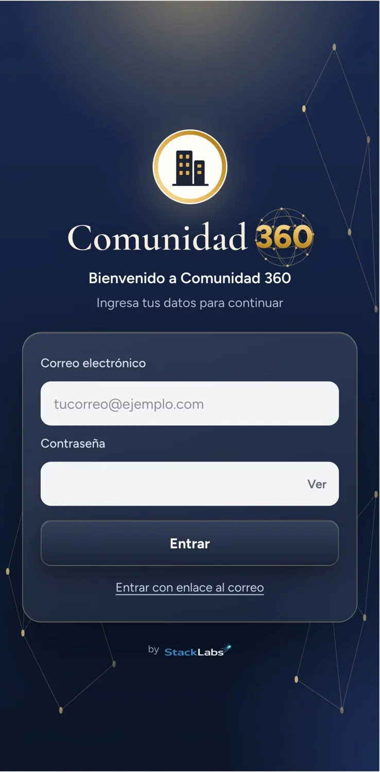 Pantalla de ingreso de la app Comunidad 360